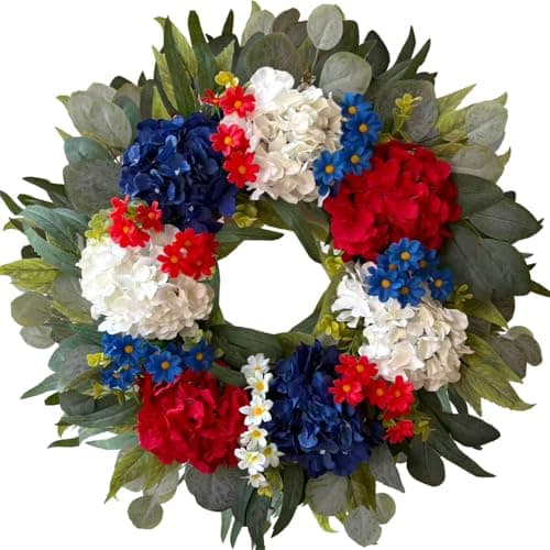 WANNA-CUL 250th Year Patriotic Wreath Decorations, 24 Inch Hydrangea 4th of July Wreaths for Front Door, Red White Blue Spring Door Wreath for Independence Day, Memorial Day for Indoor Outdoor Decor