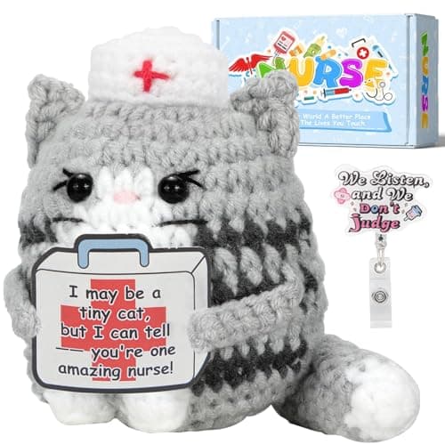 Funny Nurse Week Gifts for Women - 2026 Positive Crochet Cat with Nurse Badge Reel - Animals Emotional Appreciation Gifts for RN Registered Practitioner, LPN, Nursing School Graduation, Christmas