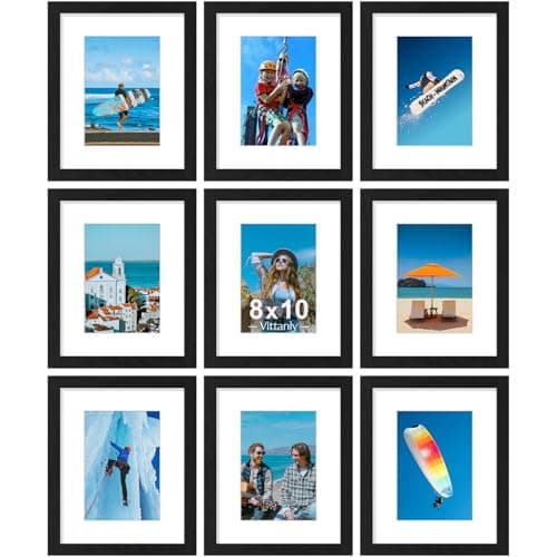 Vittanly 8x10 Picture Frames Set of 9, Shatter Resistant Plexiglass, Display 5x7 Pictures with Mat or 8x10 without Mat, Photo Frames for Wall or Tabletop, Engineered Wood, Black — image 1