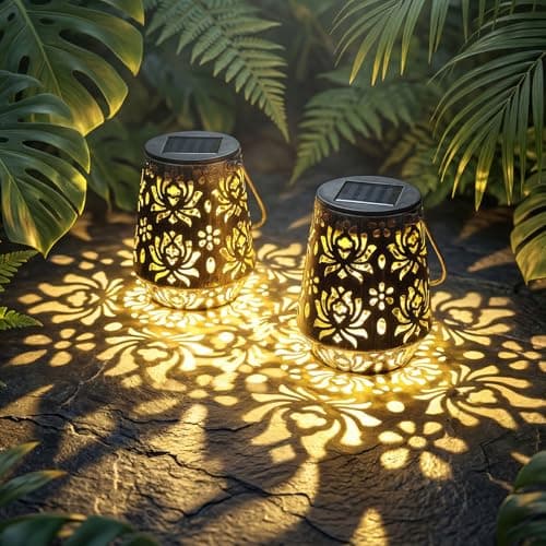 Edenseelake 2 Pack Solar Hanging Lanterns Outdoor Waterproof, Metal Flower Solar Lights, Decorative LED Lantern for Garden, Patio, Porch, Yard, Lawn, Bronze — image 1