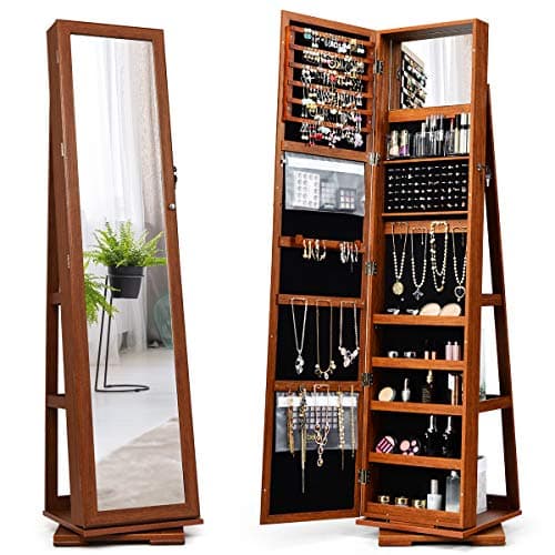 CHARMAID 360° Swivel Jewelry Armoire with Higher Full Length Mirror, Standing Lockable Jewelry Cabinet Organizer with Large Storage Capacity, Inside Makeup Mirror, Back Storage Shelves (Walnut)