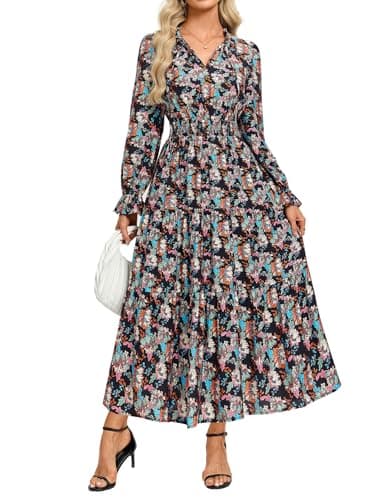 GRACE KARIN Women's Fall Midi Long Sleeve Floral Causal Dress Light Blue XL — image 1