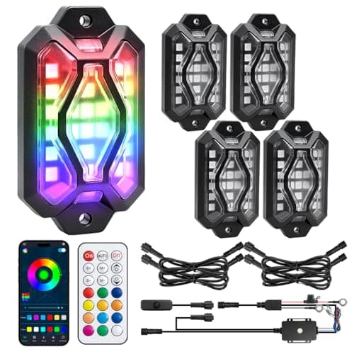 Five-Sided RGB Rock Lights - 4 Pods Multicolor Glow App/Remote Control, Music Sync, Brake Turn Signals, Easy Dual Wiring, Wheel Well Lights Underglow Kit Compatible for Car Trucks Jeep SUV UTV ATV — image 1