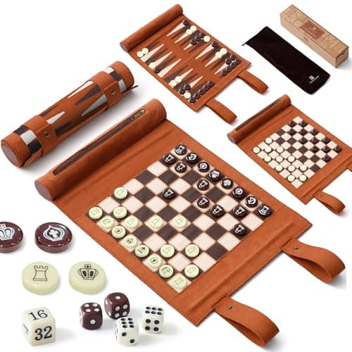 Woodronic Travel Backgammon Set 3 in 1 Chess & Checkers Board Game for Teens Adults Roll Up Leather Portable Games with 32 Premium Pearl Pieces 5 Dice 11x8.5 Inch Family Travel Gift
