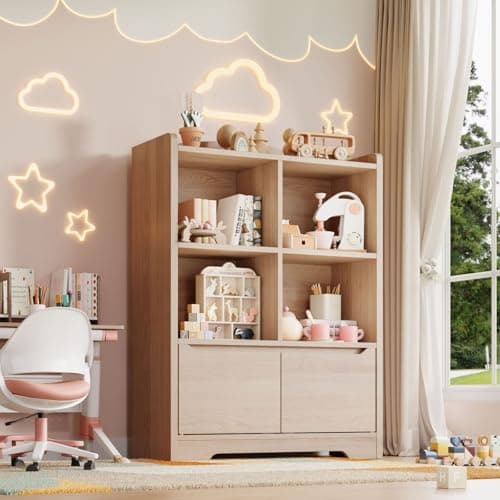 Kids Bookshelf, 31.5" Wide Book Shelf with Cabinet Doors, 4-Shelf Cube Storage Organizer Bookcase, Tall Montessori Storage Shelf, Display Cabinet for School, Playroom, Living Room, Study Room, Oak