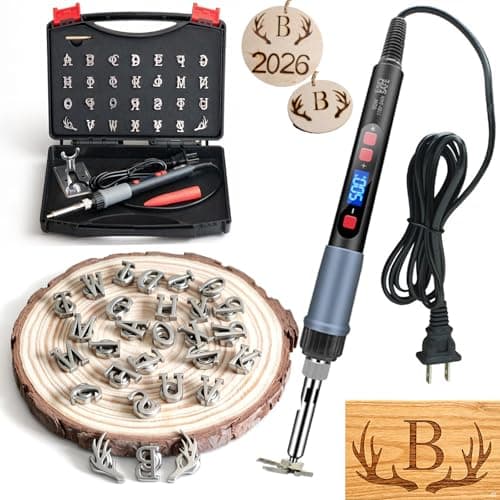 ZAGEVIVIN Upgraded Electric Branding Iron with Temperature Display – 26 Letters & 2 Antlers Kit for Wood, Leather, Food (Cake/Steak) – Safe & Easy DIY, BBQ, Crafting Gift (3/5" 28Pcs) — image 1
