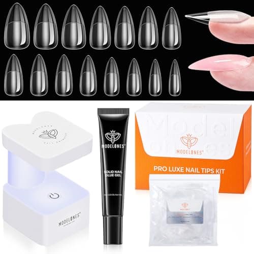 modelones X Nail Gel Kit Almond, 15Sizes Instant Apex False Nail Tips Solid Glue & Mini U/V Lamp, 240Pcs Medium Almond Pre-Building Thick Acrylic Press on Tips LED Light Extension Kit Women Gift — image 1