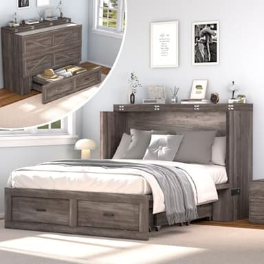 janiry Full Size Murphy Bed with Charging Station,Murphy Bed Cabinets with Foldable Panel for Small Spaces or Bedroom,Office,Grey