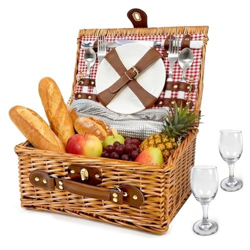 Picnic Basket for 2 - Picnic Basket with Cutlery Kit and Glasses, Insulated Picnic Set with Waterproof Liner, Portable Wicker Picnic Baskets with Lid and Handle for Outdoor, Picnic, Camping, Holidays — image 1
