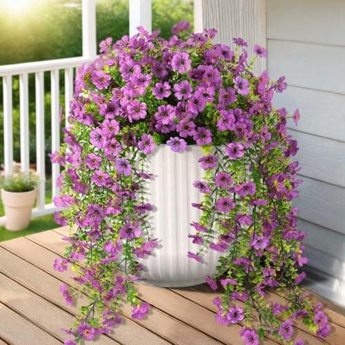 Meitrio Artificial Fake Flowers Plants for Outdoors, 2 PCS UV Resistant Faux Silk Daisy with Eucalyptus Leaves Hanging Flowers for Home Garden Balcony Yard Porch Decor(Purple) — image 1