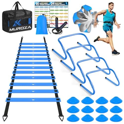 MUROZA Agility Ladder, Agility Speed Training Equipment Set, 20ft Speed Ladder, 12 Soccer Cones, 4 Hurdles, Jump Rope, Running Parachute, Soccer Football Basketball Training Equipment Accessories