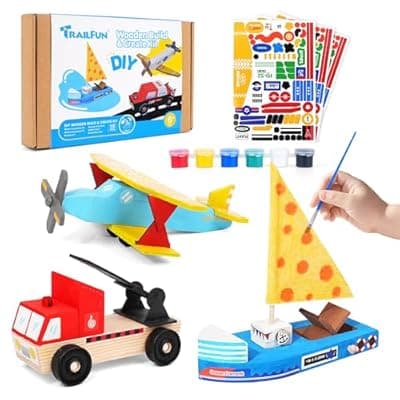 Wooden Build Paint Art Crafts Kit 3 Pack, Make Your Own Car Boat & Plane DIY Craft Toys for Kids Boys, STEM Educational Toy Set for Kids Ages 4-8, 8-12