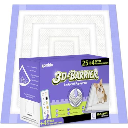 ZOMISIA 3D-Barrier Puppy Pee Pads for Dogs, 7 Cups Absorb & Rise Puffy Gel-Wall Leak-Proof, 22"x23" 25 Counts + 4 Pet Urine Test Strips, Super Absorbent Disposable Potty Training Pads — image 1