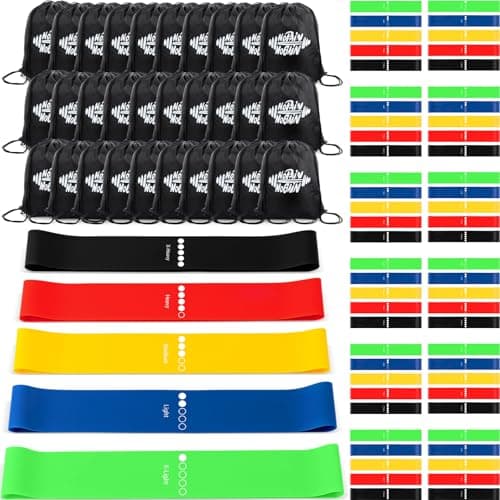 Motionchic 30 Set Include 150 Pcs Resistance Bands Bulk with 30 Pcs Drawstring Backpack - Loop Exercise Bands for Gift Gym Members Sports Class Students Christmas 5 Pieces Each Set with Storage Bag