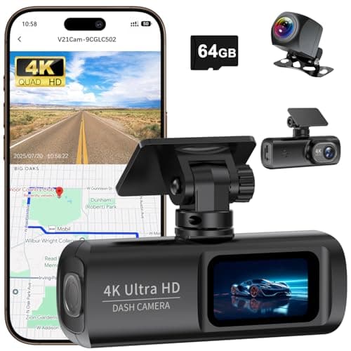 Dash Cam Front and Rear 4K+1080P, Built in WiFi & GPS, Dash Camera for Cars, App Control Car Camera, Dual Dashcams for Car with Night Vision, G-Sensor, 24H Parking Mode, 64GB Card Included