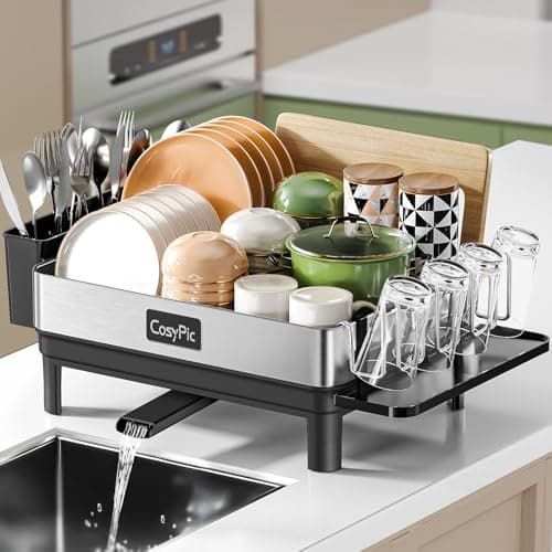 CosyPic Dish Racks, Thicker Premium 304 Stainless Steel Dish Drying Rack for Kitchen Counter, Automatic Drainage Spout, Dish Drainer & Drainboard Set with Utensil Holder and Cup Holder, Black — image 1