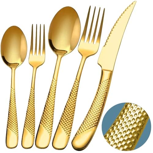 Runfly 20 Piece Hammered Gold Silverware Set, 18/10 Stainless Steel Flatware Set, Modern Kitchen Utensil Set Service for 4, Tableware Set, Cutlery Set Including Fork Spoon and Knife — image 1