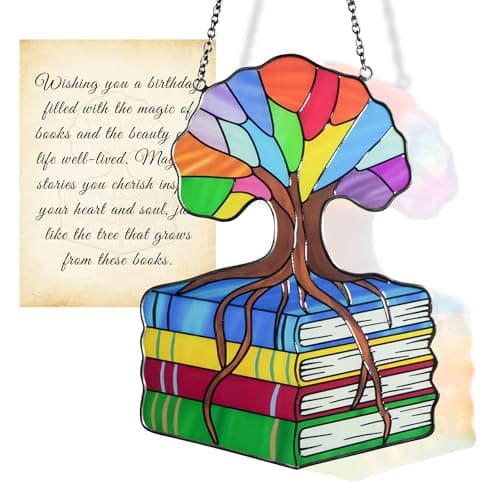 AQGQTQ Stained Glass Window Hanging, Colorful Book Tree of Life Sun Catchers, Book Lover Gifts for Women, Suncatcher Hanging Literary Decor for Birthday for Women, Men, Wife, Aunt, Mom — image 1