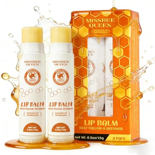 Beef Tallow Lip Balm with Original Beeswax | Dual-layer Hydrating Moisturizing for Dry Lips | Smooths Texture | Delivers Softness & Enhances Natural Shine | Unscented | 2PC (0.5 oz / 15g / 1pc)
