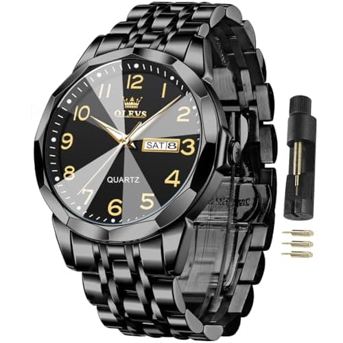 OLEVS Men Black Watches Business Dress Diamond Analog Quartz Date Number Wristwatch Black Casual Stainless Steel Luminous Two Tone Gift Watch for Man