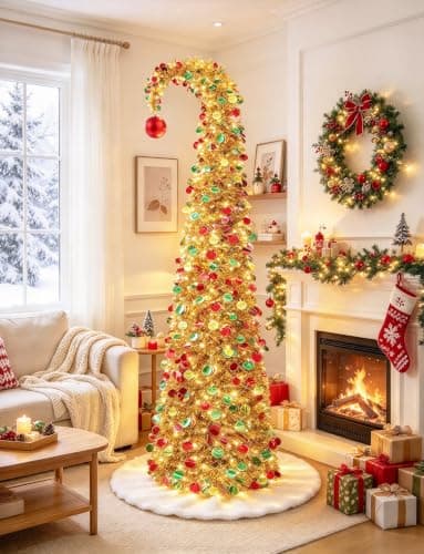 6 FT Pop Up Christmas Tree Curved with Lights & Ball for Christmas Decor — image 1