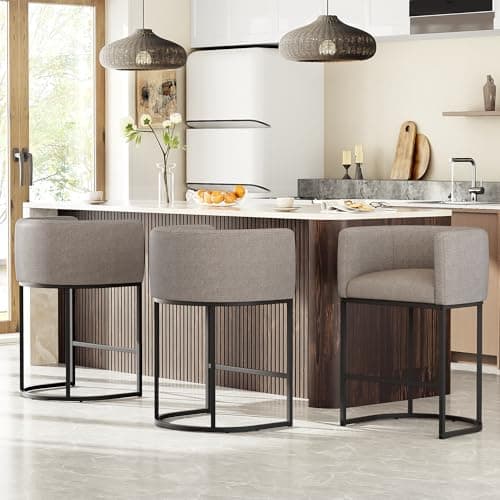 VATROS 26" H Counter Height Bar Stools Set of 3, Modern Barrel Counter Stools with Backrest and Arms, Linen Fabric Upholstered Accent Barstools for Kitchen Island,Support 450 LBS (Sand) — image 1