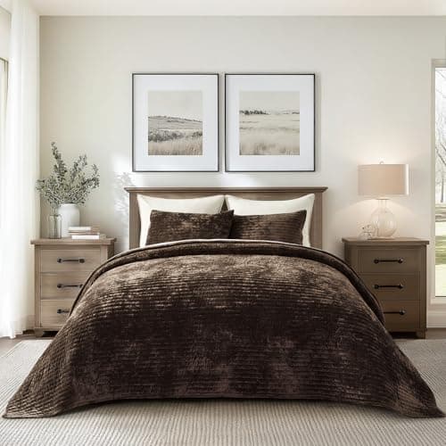 EVERGRACE Velvet Quilt Set King Size, Luxurious Soft Striped Channel Bedding Set, Lightweight Velvet Comforter for All Season, Oversized Bedspread Coverlet with 2 Matching Shams, Walnut Brown — image 1