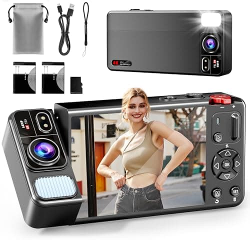 ZEOUPT Digital Camera, 4K 64MP Cameras for Photography, 270°Flip Screen Vlogging Camera, Autofocus, Flash, 18X Zoom, 2 Batteries, 64GB Card, Point and Shoot Digital Cameras for Kids Teens, Black