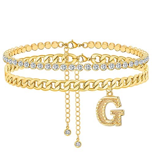 ZNBOH Ankle Bracelets for Women 14K Gold Plated Initial Anklet CZ Chain Ankle Tennis Cuban Link Anklet Adjustable Danity Chain Letter Anklet Summer Jewelry Gifts — image 1