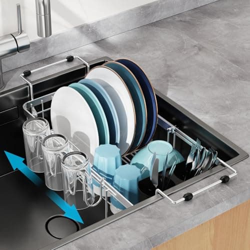 GSlife Small Sink Dish Drying Rack with Cup Holder - Expandable Stainless Steel Compact Dish Drainer for RV, Camper, Kitchen, Dish Strainer with Locking Knob, Fit Sink 11.9"-16.7" L, Silver — image 1