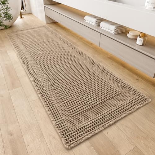 AMOAMI Waffle Bath-Mat, Absorbent Bath Mats for Bathroom Non Slip, Machine Washable Bathroom Rugs with Tassels Ultra Soft Boho Bath Rugs for Floor 2'x4'(24"x48") Beige — image 1
