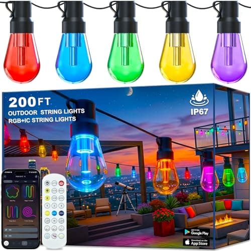 Outdoor String Lights,200FT Smart RGB+IC Patio Lights with Shatterproof LED Bulbs ,Outside Light Dimmable Patio for Decor DIY IP67 Waterproof ,Courtyard, garden,Holiday,LED lights more Scene Modes — image 1