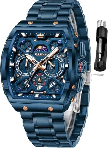 OLEVS Mens Watches Stylish Chronograph Waterproof Luminous Stainless Steel Multifunction Watches for Men Business Blue Men Wrist Watch
