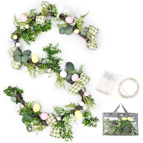 Presentastic 6ft Easter Garland Decorations, 2-in-1 Easter Garland-to-Wreath for Mantel, Fireplace with 18 Pastel Eggs, LED Lights and Storage Bag, Easter Decor for Front Door, Window, Table, Entryway