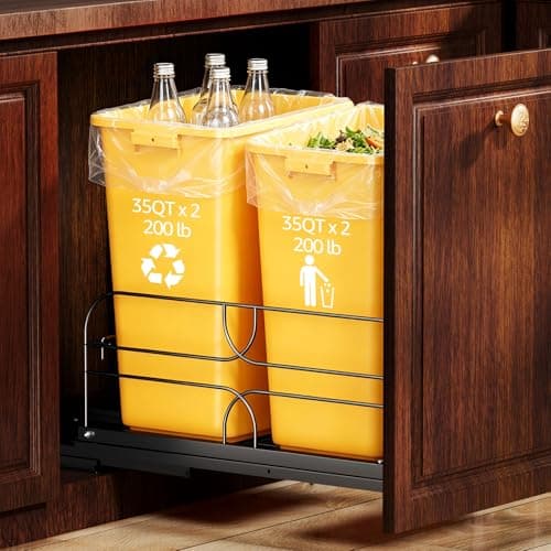 RUNMI Double Pull Out Trash Can Under Cabinet with Soft-Close Slides, 200LB Heavy-Duty Black Under Sink Trash Can Pull Out for Kitchen, Fits Minimum Cabinet Opening 16" W x 23" D, Can Not Included — image 1