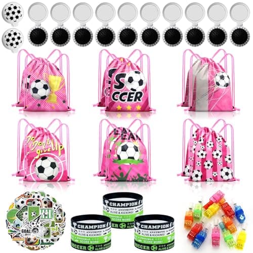 Fiestivo Soccer Party Favors for girls, Soccer Goodie Bags with LED Finger Lights, Mini Brush, Silicone Bracelets Stickers Gift Bags for Soccer Themed Birthday Party Favors Supplies 98 Pcs — image 1