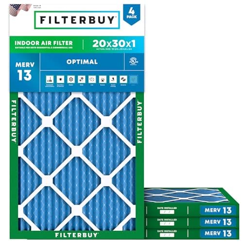 Filterbuy 20x30x1 Air Filter MERV 13 Optimal Smoke & Allergy Defense (4-Pack), Electrostatic Pleated HVAC AC Furnace Filters Replacement (Actual Size: 19.63 x 29.63 x 0.75) — image 1
