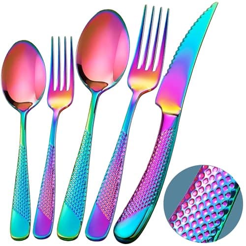 Runfly 20 Piece Hammered Rainbow Silverware Set, 18/10 Stainless Steel Flatware Set, Modern Kitchen Utensil Set Service for 4, Tableware Set, Cutlery Set Including Fork Spoon and Knife — image 1