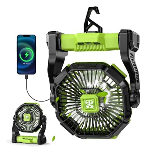 Battery Powered Fan -Lash Fans with Led Lantern, Portable Rechargeable, Battery Operated for Mobile Phone, Hook 4 Speed Quiet Personal for Desk Fan, Travel, Fishing, Power Outage, Hurricane-Green — image 1