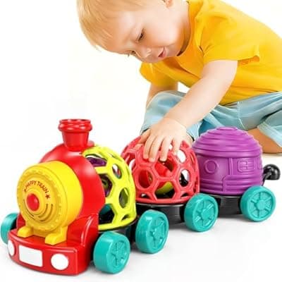 WEEJOYGAM Train Baby Toys 6-12 Months, Infant Soft Cars for Toddlers 1-3 Boy Easter Basket Stuffers Birthday Gift 6 7 8 9 10 Month 1 Year Old Boy Cause Effect Montessori Musical Push Truck Ball Rattle