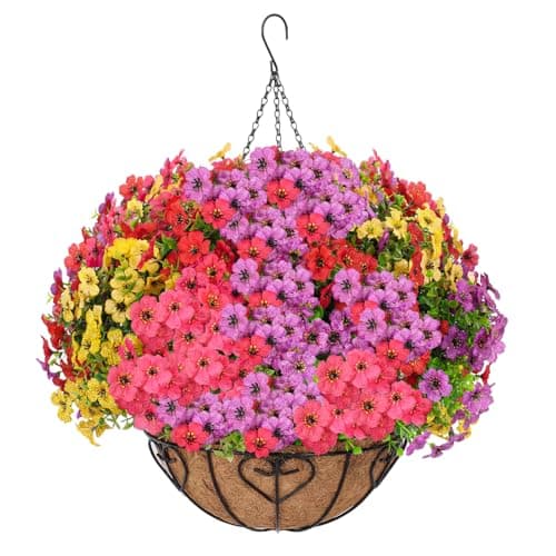 LetuoClips Artificial Hanging Flower for Outdoors, Fake Hanging Basket for Outside,1 Hanging Basket with 13 Pcs Faux Silk Flowers for Porch, Balcony and Patio Decor(Mixed)