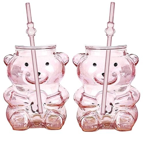 Web Launcher String Shooters Pink Bear Glass Cups with Lids and Straws, 14oz Cute Reusable Tumblers for Boba, Smoothie, Iced Coffee, 2 Pack Gift Set for Couples and Friends (Pink, Small)