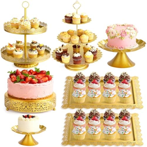 OdoVow 7 Pcs Cake Stand Gold Metal Dessert Table Display Set, 3-Tier Cupcake Stand, Cake Display Tower and Cookie Tray Rack Serving Tray for Birthday Party, Weddings, Baby Shower (Gold) — image 1