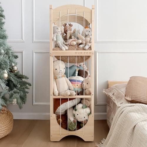 Fodoss Stuffed Animal Storage, Wooden Toy Storage Organizer with Arched Base, Detachable Bars & Lockable Wheels, 16.5" D x 16.5" W x 51.6" H