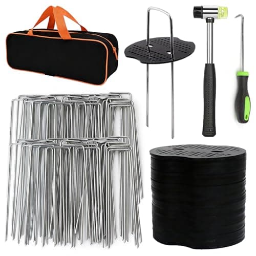 202Pcs Garden Stake Staple kit, 100Pcs 6-inch U-Shaped Landscape Staples, 100 Fixing Gasket, Pick Hook, Rubber Mallet Used for for Weed Barrier Fabric, Ground Cover, Holding Fence and Artificial Turf — image 1