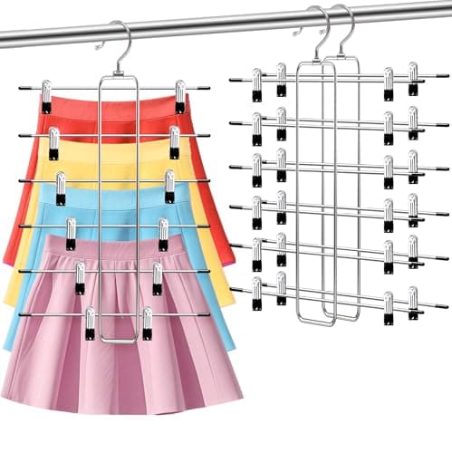 FATHITA 6-Tier Space Saving Pants Hangers with Clips, Multi-Functional Skirt & Jean Organizer for Small Closets, Dorm Room Essentials, 2 Pack Metal Clothes Storage