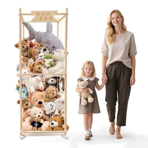 Stuffed Animal Storage Zoo with Wheels, Wooden Large Stuff Animals Plushies Holder, 22.5" D x 22.5" W x 64" H Toy Organizer Storage Cage with Elastic Band and Net for Nursery Playroom Bedroom — image 1