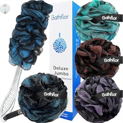 Bathflor Shower Loofah Sponge Exfoliating Body Scrubber 80g, Charcoal Loofa for Women & Men Bath Wash: 1 Long Handle Back Brush Plus 4 Packs Extra Large 80g Soft Luffa Poufs, 1 Lufa Hook (Charcoal)