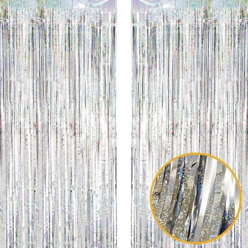 2 Pack 3.2ft x 8.2ft Silver Metallic Tinsel Foil Fringe Curtains Door Streamer Photo Booth Backdrop for Birthday Wedding Engagement Baby Shower Bachelorette Christmas Party Supplies Decorations — image 1