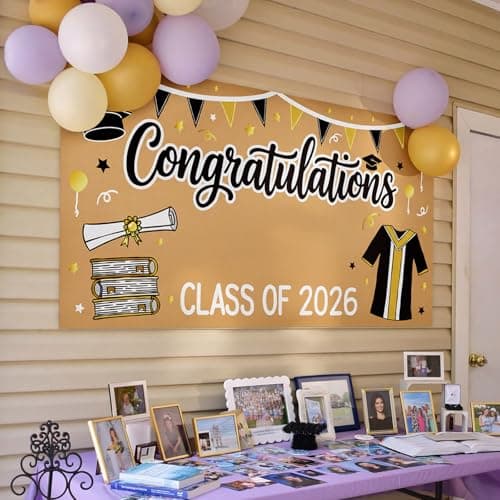 2026 Graduation Decorations - Graduation Banner DIY - 61 x 32 Inch Class of 2026 Congratulations Congrats Banner, Black and Gold Photo Backdrop for Kindergarten High School College Party Favor